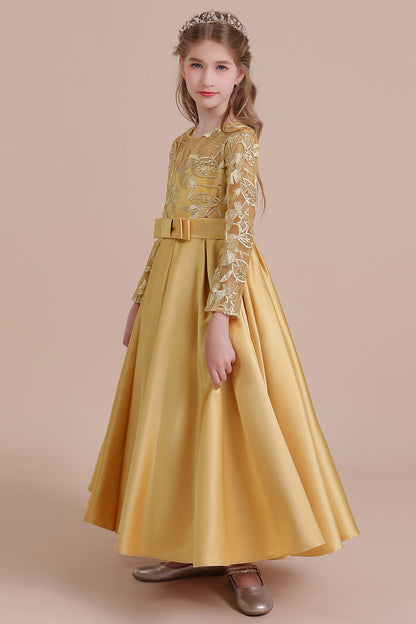 Long Sleeves Satin Flower Girl Dress for Ankle Length Look