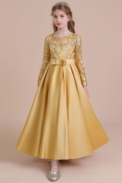 Long Sleeves Satin Flower Girl Dress for Ankle Length Look