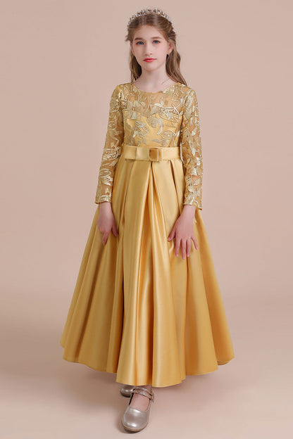 Long Sleeves Satin Flower Girl Dress for Ankle Length Look