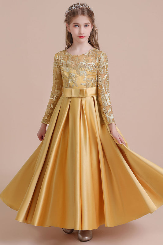 Long Sleeves Satin Flower Girl Dress for Ankle Length Look