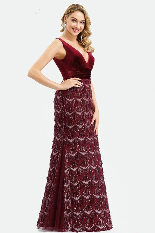 Luxury Burgundy Vlevet V-Neck Mermaid Evening Prom Dress With Tassels