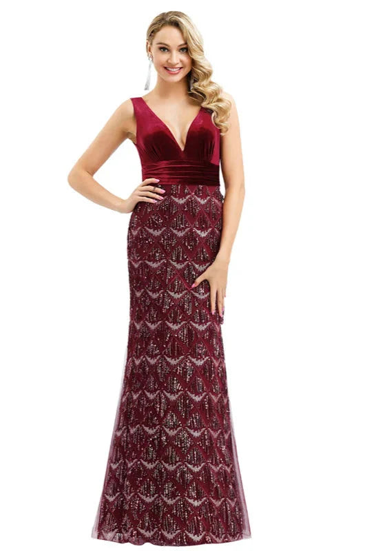 Luxury Burgundy Vlevet V-Neck Mermaid Evening Prom Dress With Tassels
