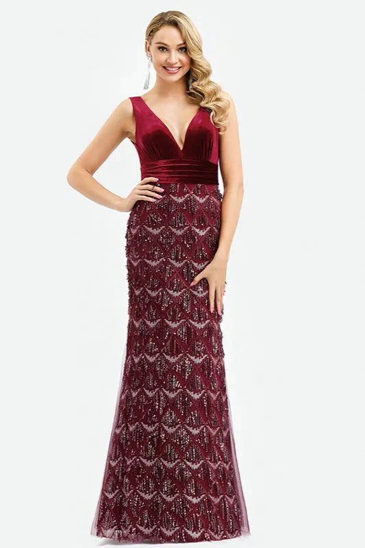 Luxury Burgundy Vlevet V-Neck Mermaid Evening Prom Dress With Tassels