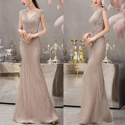 Mermaid Long Evening Dress With Cap Sleeves V-Neck Beadings Online