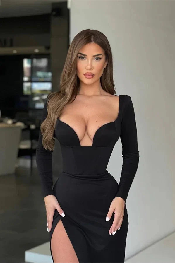 Modern Black Long Sleeves V-Neck Mermaid Evening Party Gowns Slit Online
