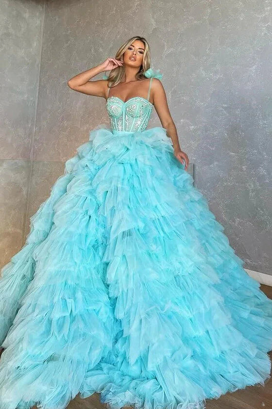 Modern Blue Spaghetti-Straps Ball Gown Evening Dress Tulle Layered Sweetheart With Appliques