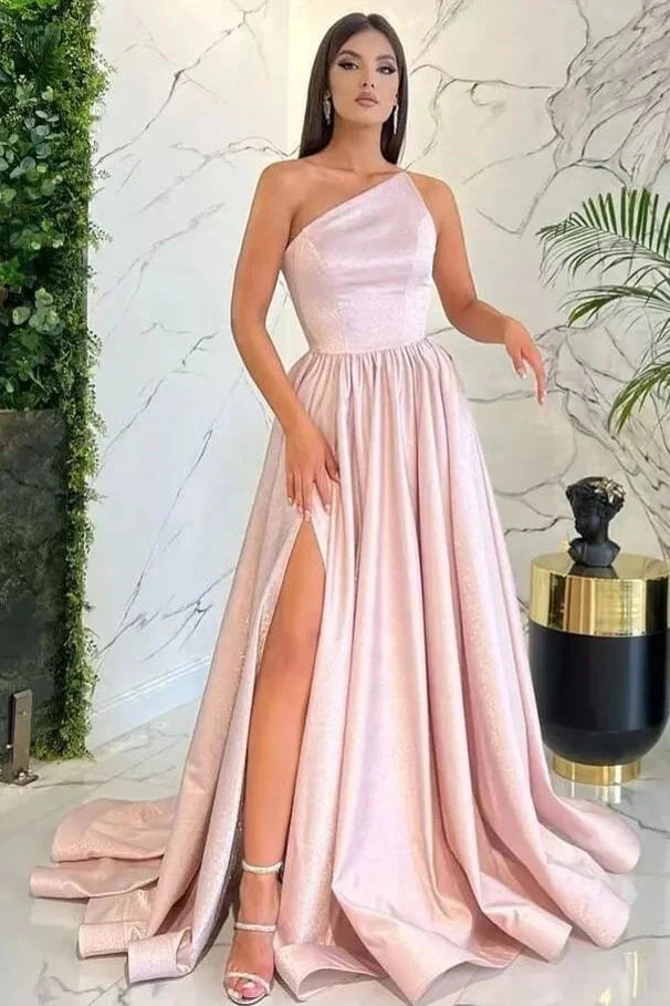 Modern Blushing Pink Strapless Long Evening Dress A-Line With Slit