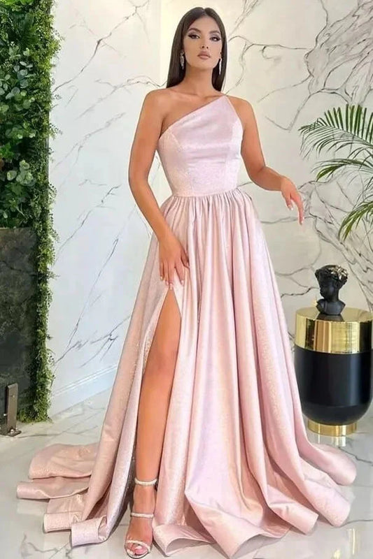 Modern Blushing Pink Strapless Long Evening Dress A-Line With Slit