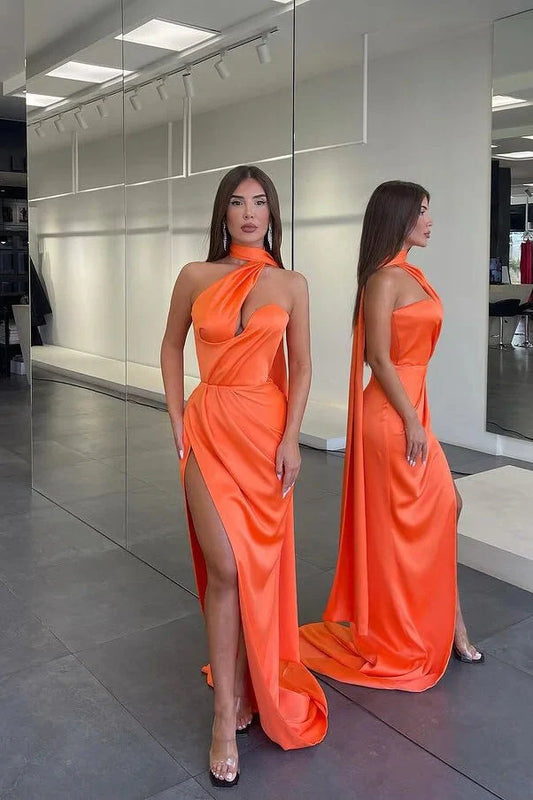 Modern Bright Orange Sleeveless Mermaid Evening Dress Long Side Slit