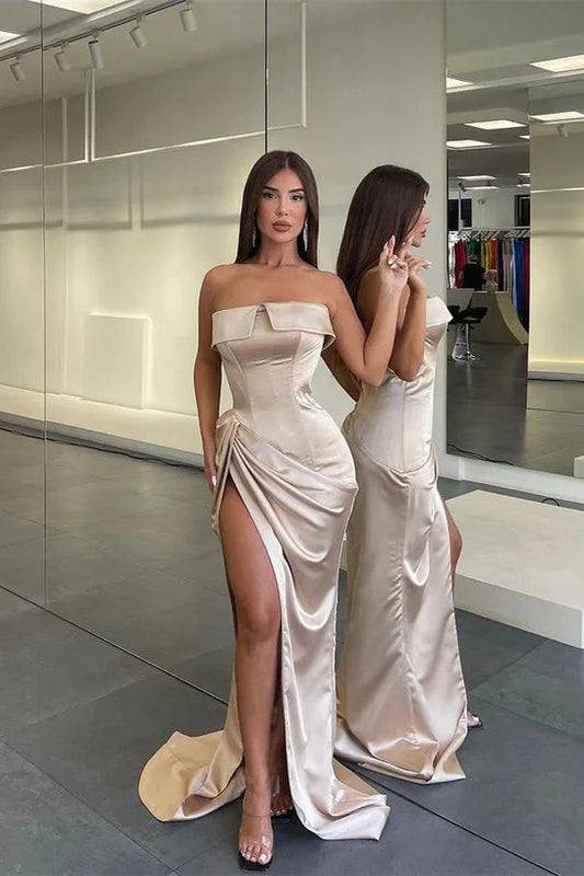 Modern Champagne Strapless Mermaid Evening Dress Split Long
