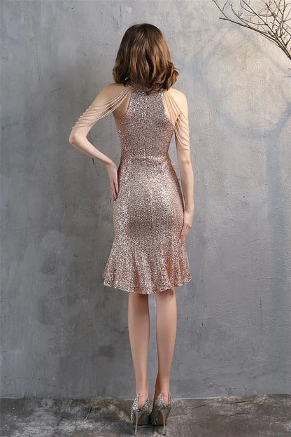 Modern Halter Mermaid Short Evening Dress Tassels Sequins Party Gowns