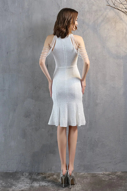 Modern Halter Mermaid Short Evening Dress Tassels Sequins Party Gowns