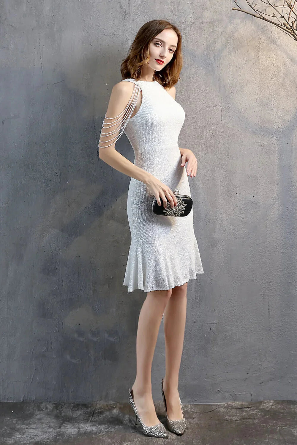 Modern Halter Mermaid Short Evening Dress Tassels Sequins Party Gowns