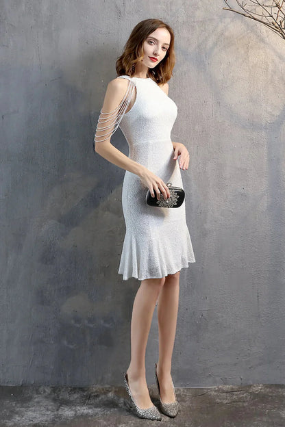 Modern Halter Mermaid Short Evening Dress Tassels Sequins Party Gowns