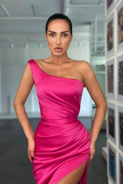 Modern Hot Pink One Shoulder Mermaid Evening Party Gowns Slit With Pleats