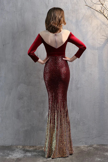 Modern Long Sleeves Illussion Neck Evening Dress Mermaid Sequins Long