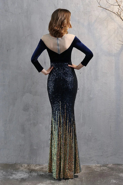 Modern Long Sleeves Illussion Neck Evening Dress Mermaid Sequins Long
