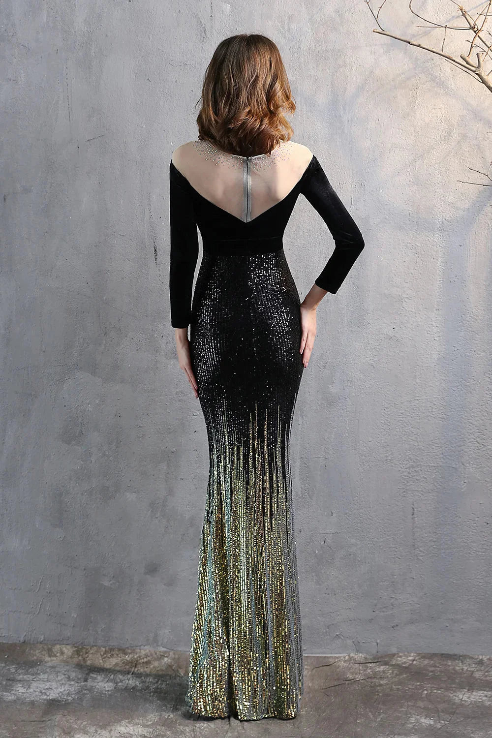 Modern Long Sleeves Illussion Neck Evening Dress Mermaid Sequins Long