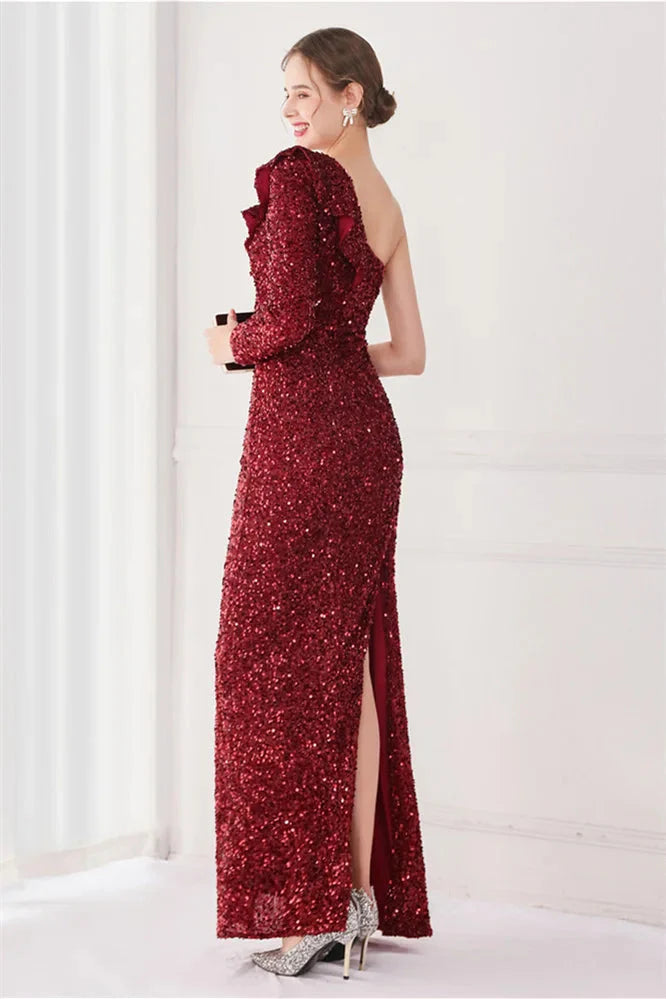 Modern Long Sleeves Sequins Evening Dress One Shoulder Mermaid With Split