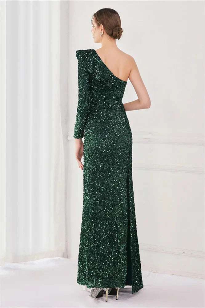 Modern Long Sleeves Sequins Evening Dress One Shoulder Mermaid With Split