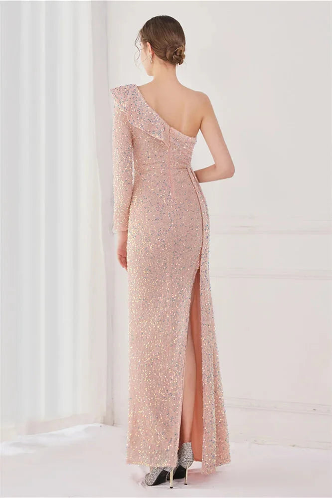 Modern Long Sleeves Sequins Evening Dress One Shoulder Mermaid With Split