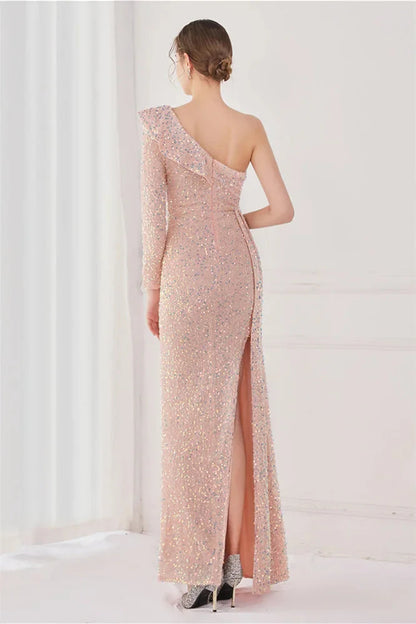 Modern Long Sleeves Sequins Evening Dress One Shoulder Mermaid With Split