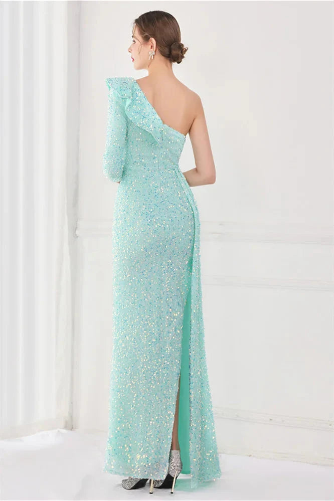 Modern Long Sleeves Sequins Evening Dress One Shoulder Mermaid With Split