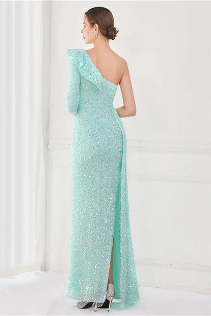 Modern Long Sleeves Sequins Evening Dress One Shoulder Mermaid With Split