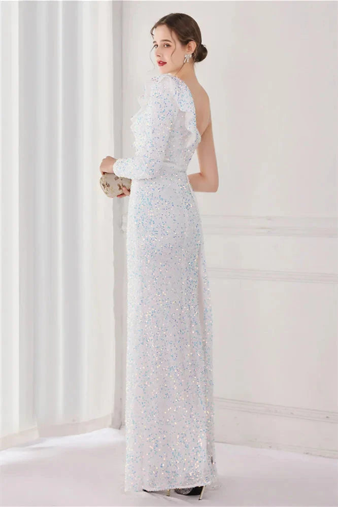 Modern Long Sleeves Sequins Evening Dress One Shoulder Mermaid With Split
