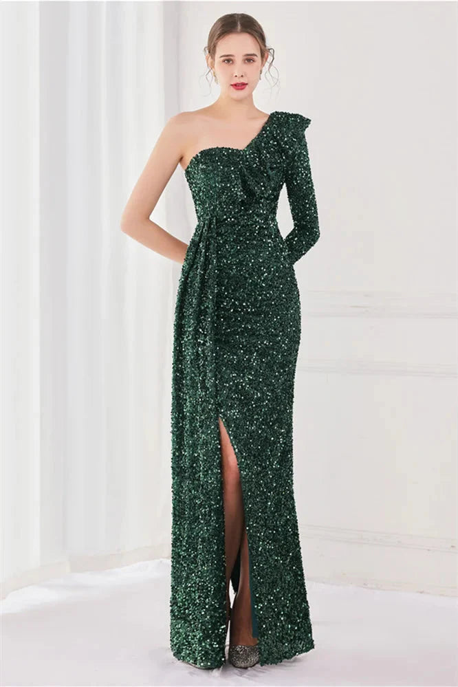 Modern Long Sleeves Sequins Evening Dress One Shoulder Mermaid With Split