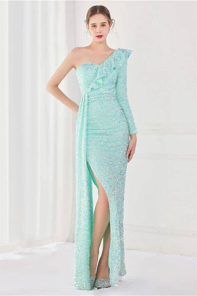 Modern Long Sleeves Sequins Evening Dress One Shoulder Mermaid With Split