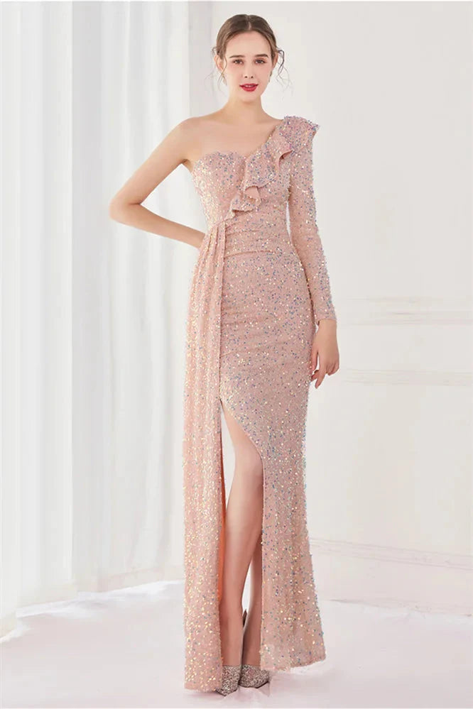 Modern Long Sleeves Sequins Evening Dress One Shoulder Mermaid With Split