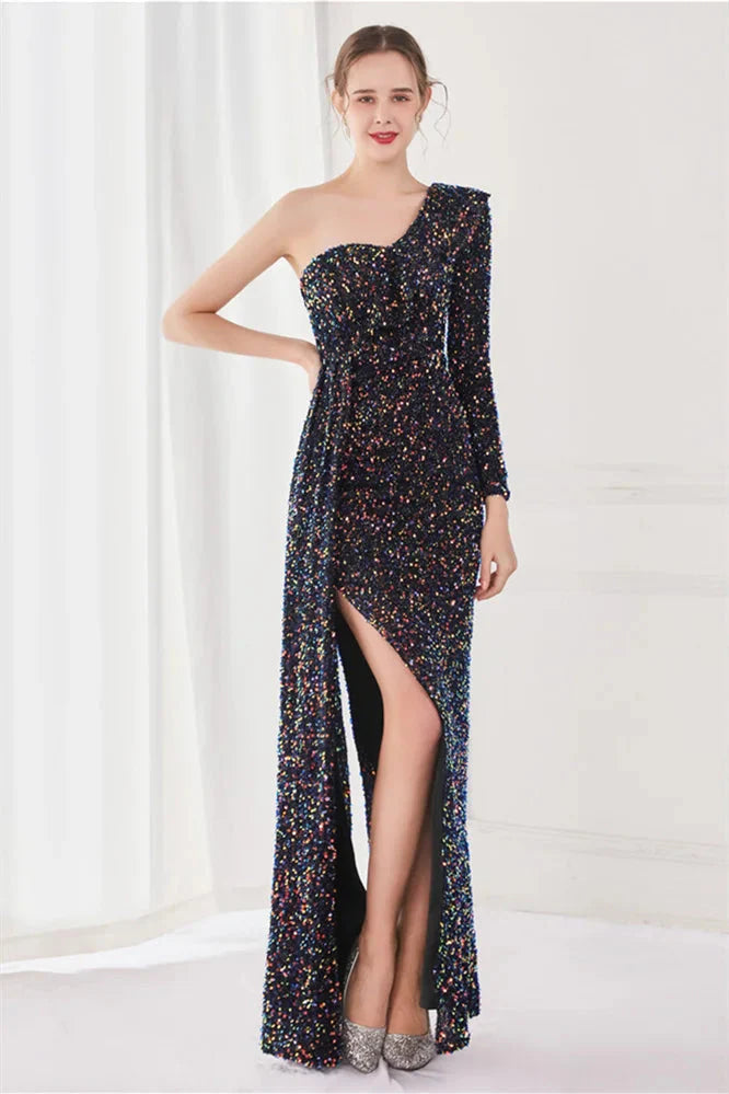 Modern Long Sleeves Sequins Evening Dress One Shoulder Mermaid With Split