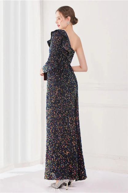 Modern Long Sleeves Sequins Evening Dress One Shoulder Mermaid With Split