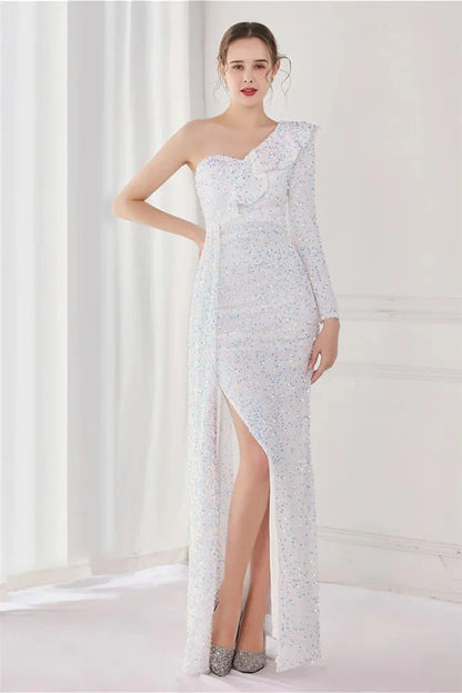 Modern Long Sleeves Sequins Evening Dress One Shoulder Mermaid With Split
