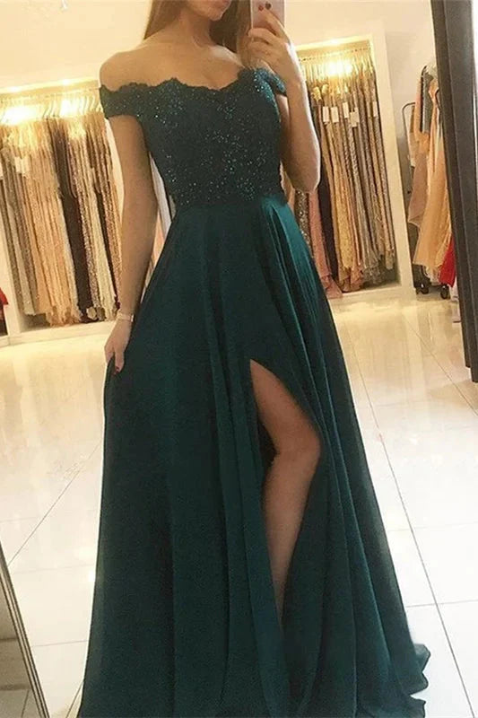 Modern Off-the-Shoulder Dark Green Long Evening Dress Split With Appliques