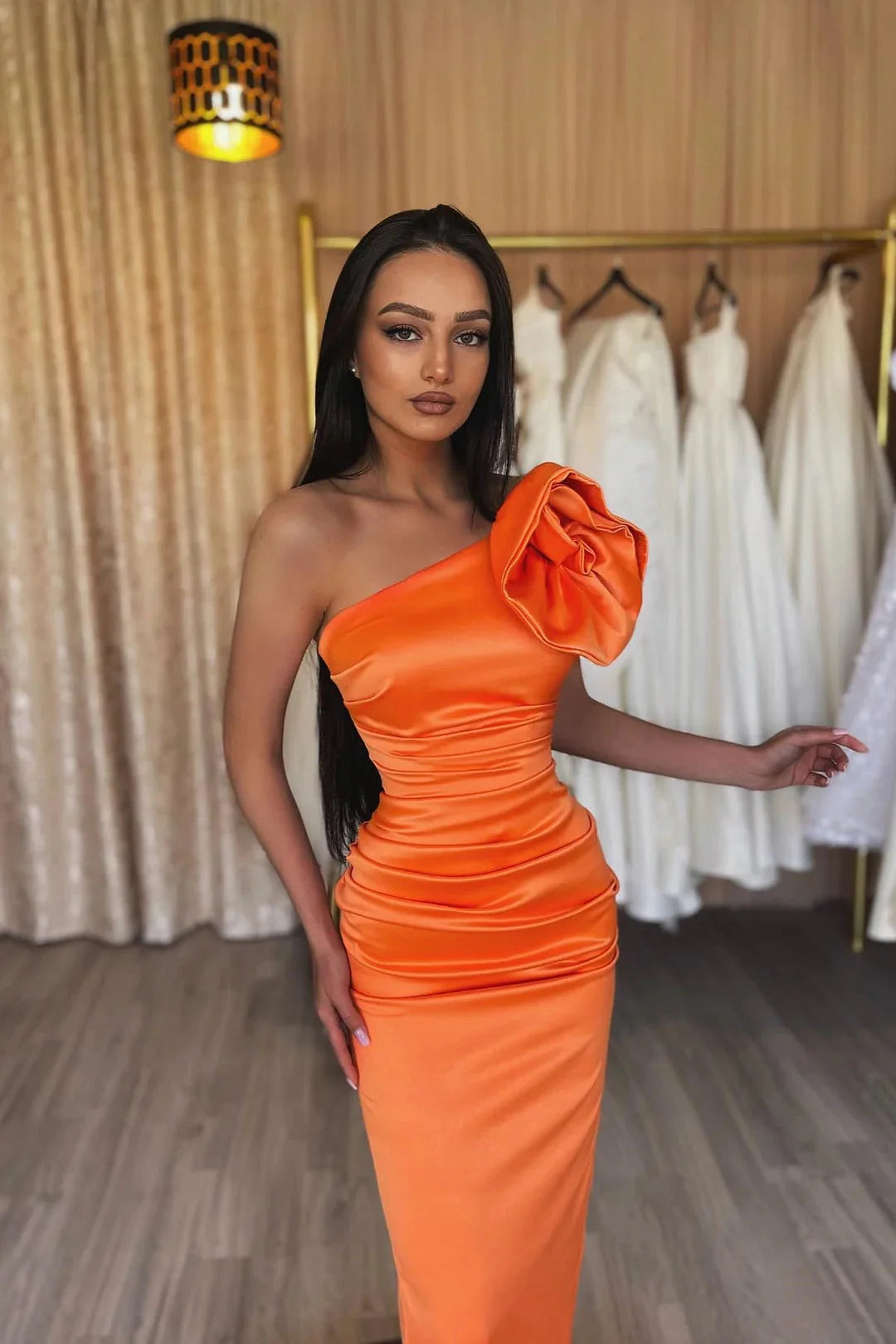 Modern Orange One Shoulder Prom Dress Sleeveless Sheath Evening Gown