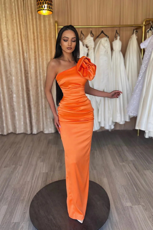 Modern Orange One Shoulder Prom Dress Sleeveless Sheath Evening Gown