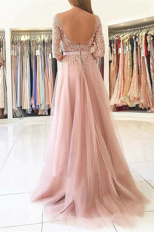 Modern Pink 3/4 Sleeves Appliques Evening Dress With Split