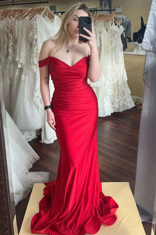 Modern Red Off-the-Shoulder Evening Dress Mermaid Long V-Neck