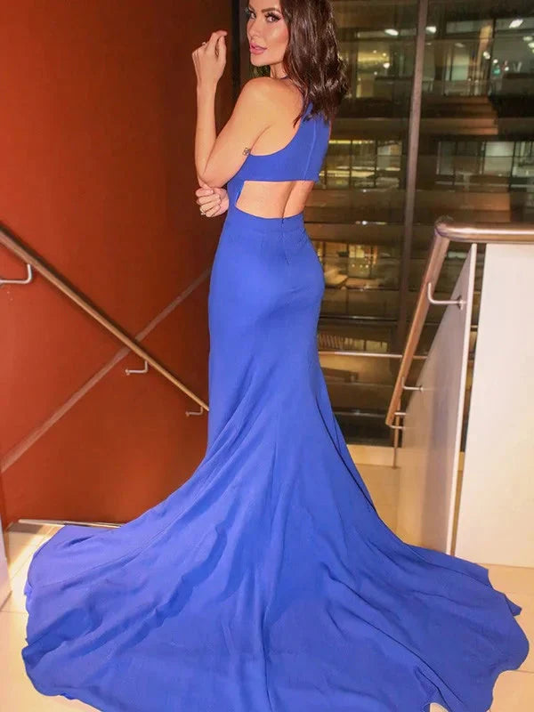 Modern Royal Blue Halter Mermaid Evening Dress Split