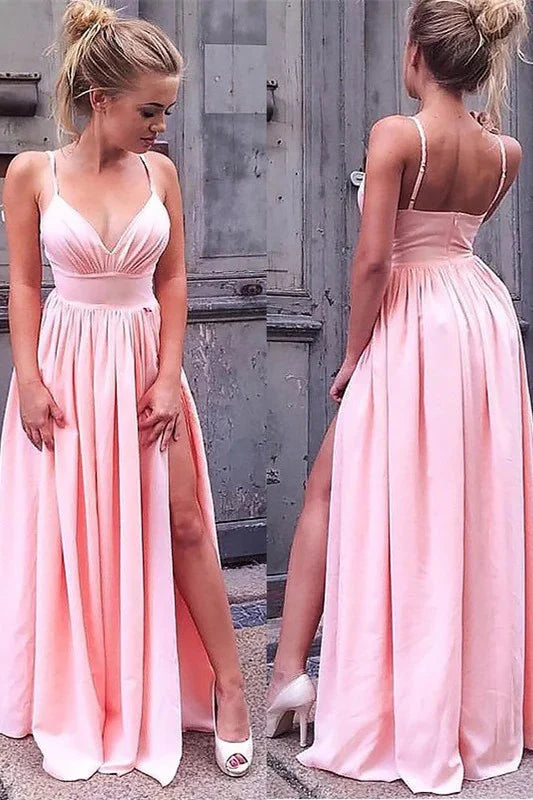 Modern Spaghetti-Straps Pink Long Evening Dress With Slit