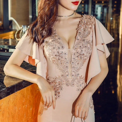 Modern V-Neck Mermaid Prom Dress Long Evening Gowns With Appliques Ruffles