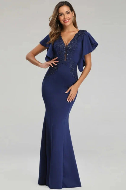 Modern V-Neck Mermaid Prom Dress Long Evening Gowns With Appliques Ruffles