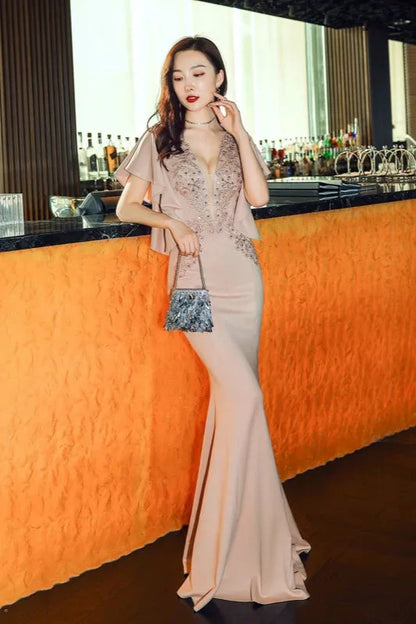 Modern V-Neck Mermaid Prom Dress Long Evening Gowns With Appliques Ruffles
