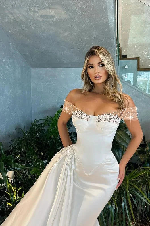 Modern White Off-the-Shoulder Evening Dress Mermaid Ruffles With Pearls