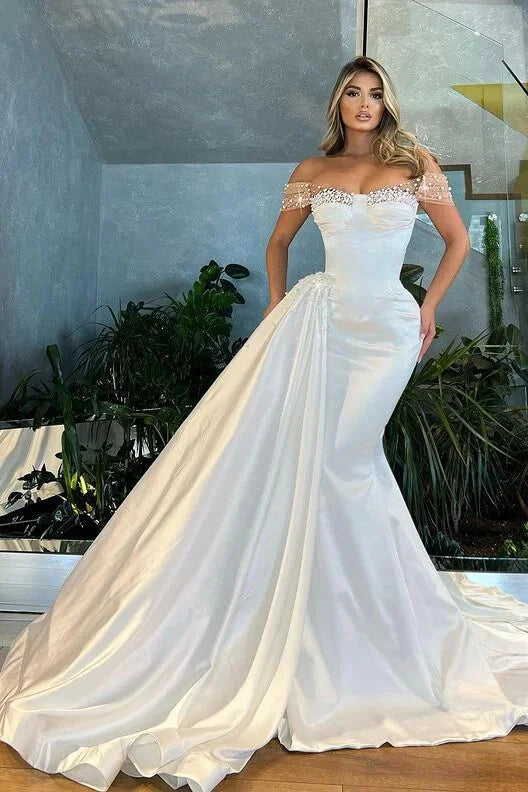 Modern White Off-the-Shoulder Evening Dress Mermaid Ruffles With Pearls