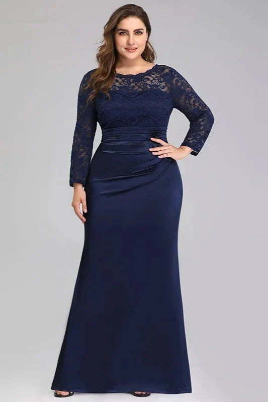 Navy Blue Long Sleeve Lace Mermaid Plus Size Evening Prom Dress