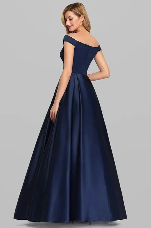 Navy Blue Satin Off-the-Shoulder Long Evening Gowns