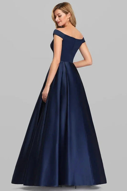 Navy Blue Satin Off-the-Shoulder Long Evening Gowns